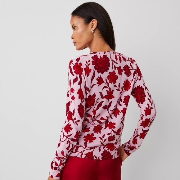Floral Red and Pink Women's Crew Neck Sweater - Picture 2 of 3